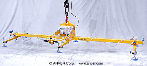 ANVER Electric Powered Vacuum Generator with Six Pad Lifting Frame for Lifting & Handling Sheetmetal Panels 14 ft x 4 ft (4.3 m x 1.2 m) up to 600 lb (272 kg)